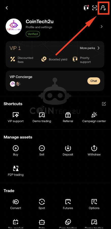 Нажмите значок Account Switch в разделе User Centre OKX