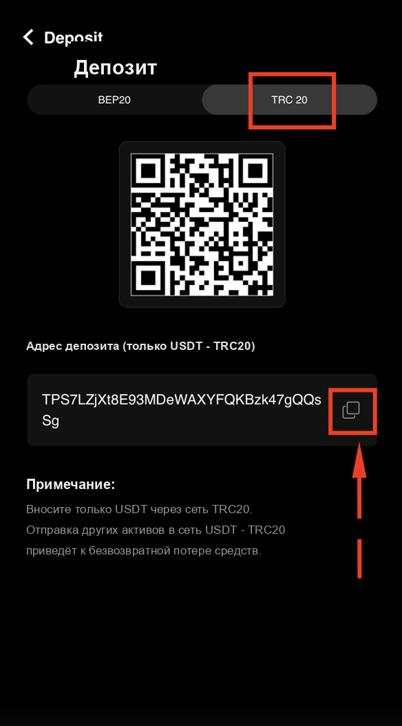 Выберите сеть TRC20 и скопируйте адрес депозита