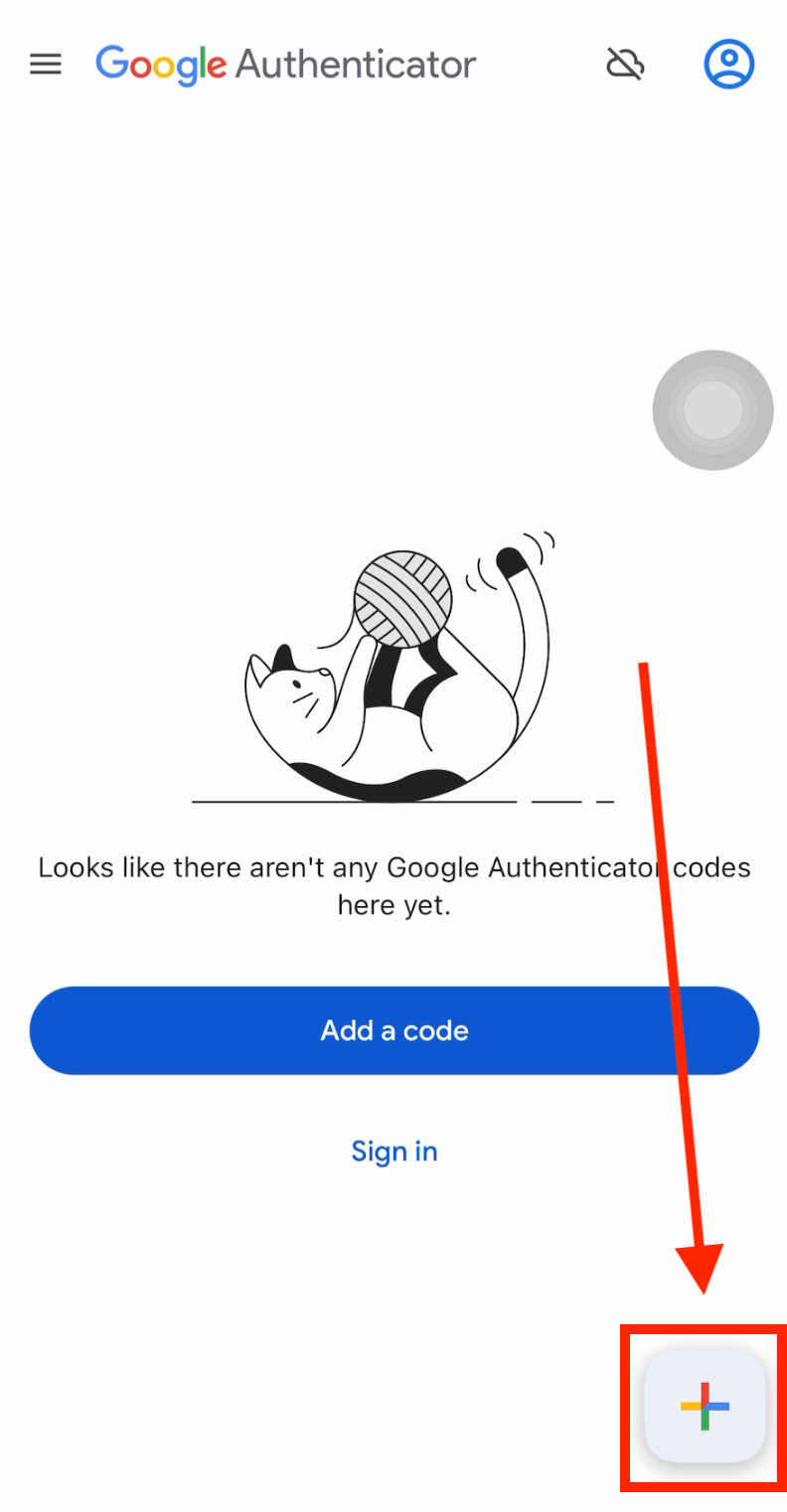 Нажмите кнопку «плюс» в Google Authenticator