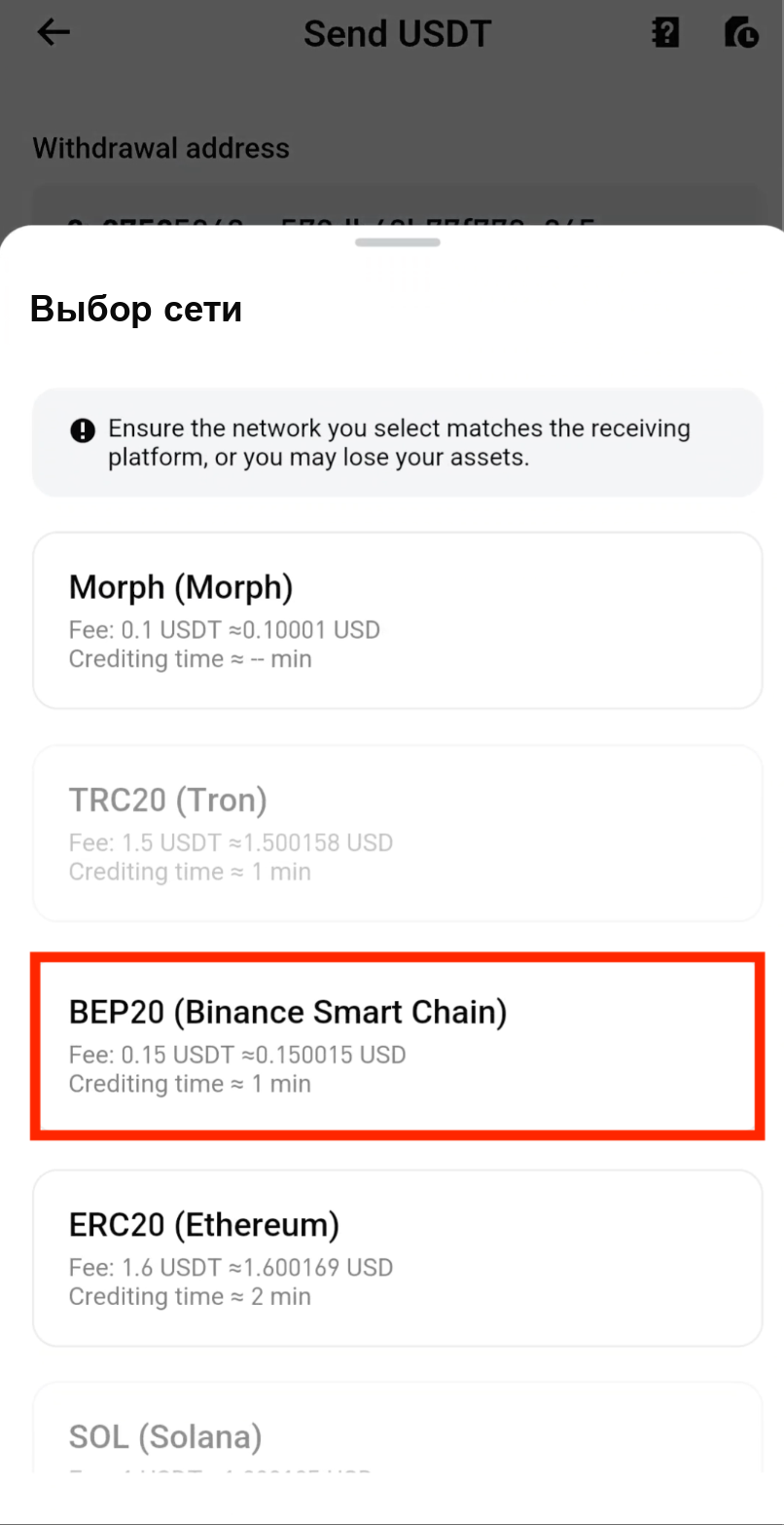 Выберите сеть BEP20 для вывода USDT с Bitget