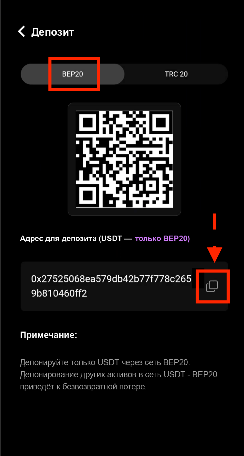 Выберите BEP20 и скопируйте адрес для депозита в CoinTech2u