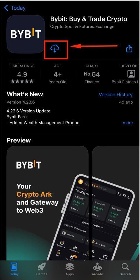 Скриншот регистрации Bybit, шаг 4: загрузка приложения Bybit из App Store или Google Play