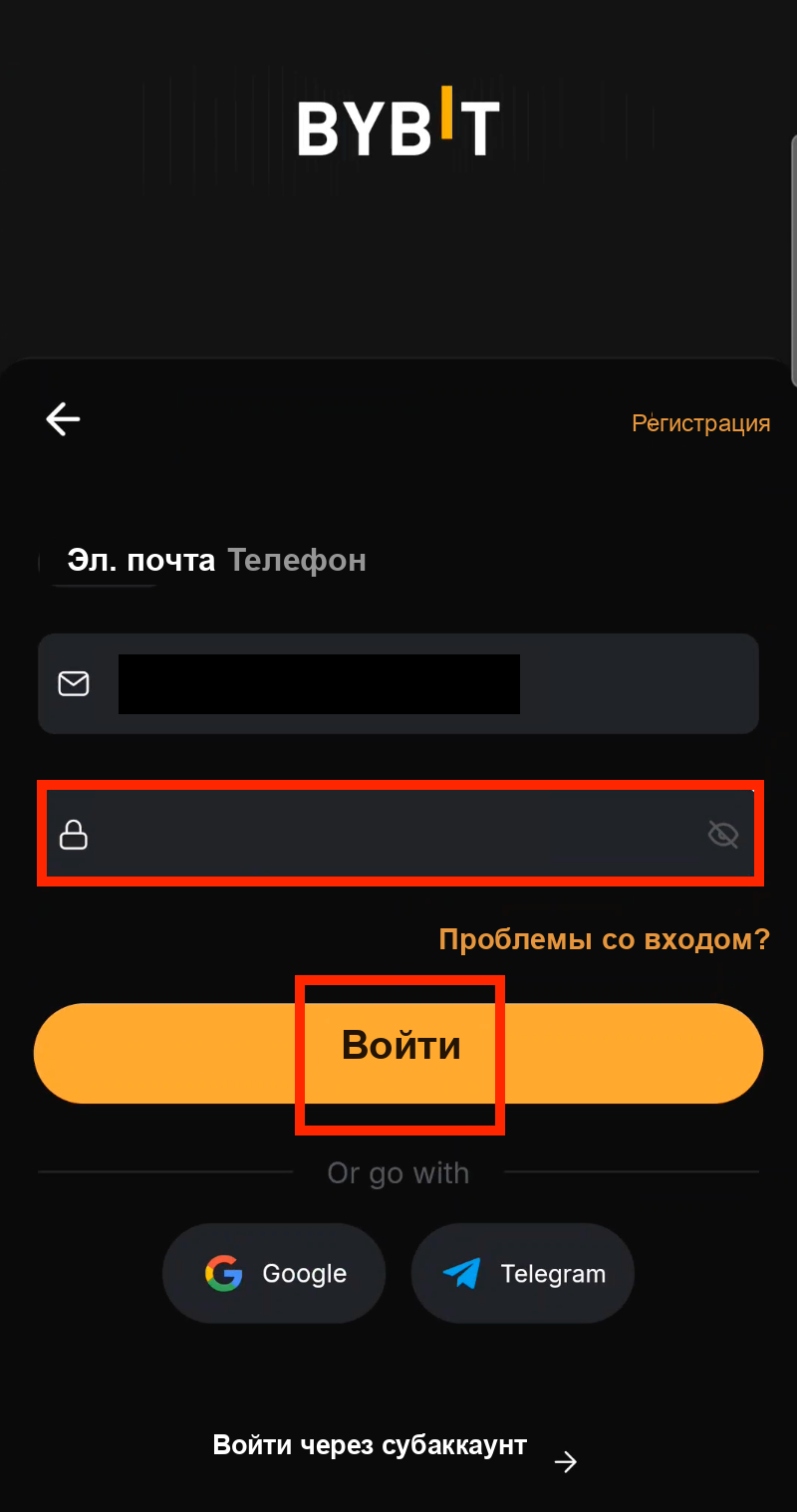 Экран входа по паролю в приложении Bybit