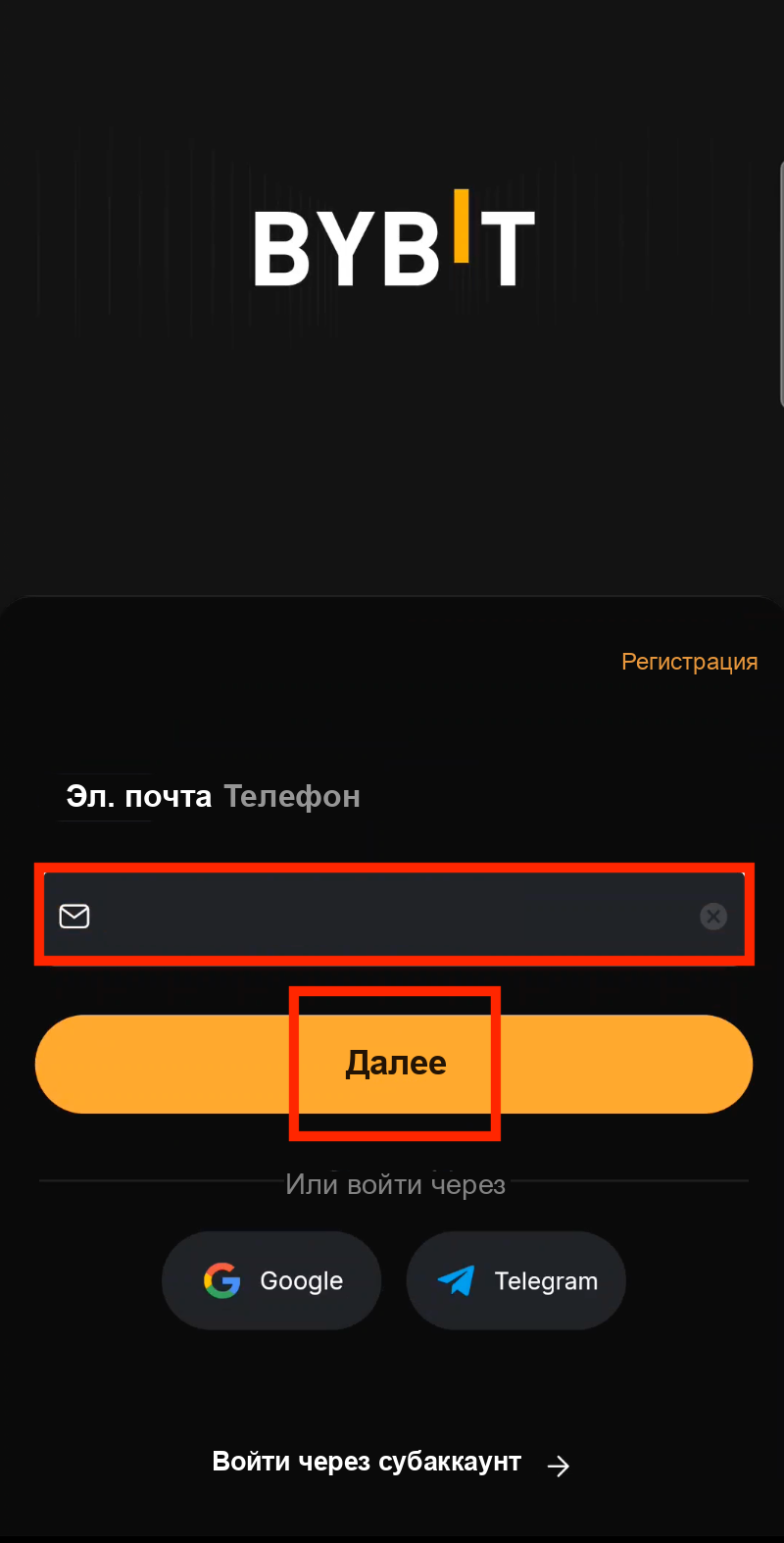 Ввод email при входе в приложение Bybit