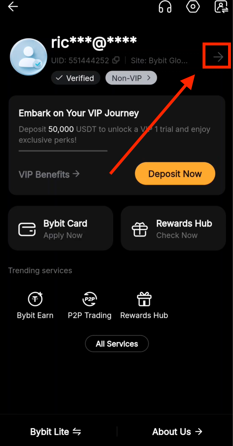Значок стрелки настроек в Bybit
