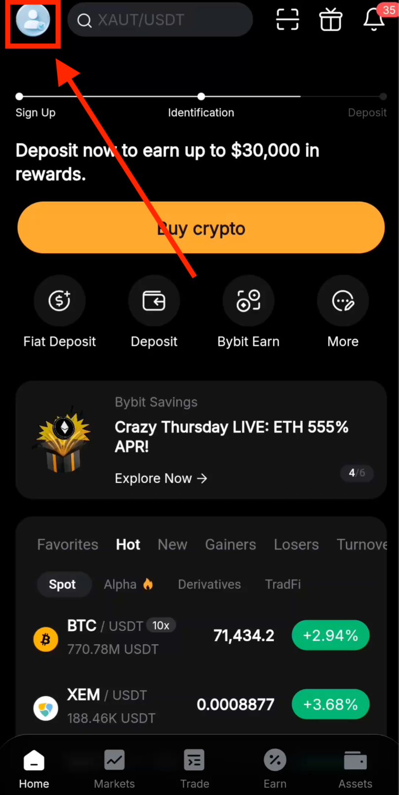 Значок профиля в Bybit