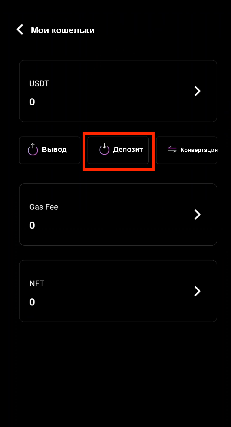 Кнопка Депозит в кошельке CoinTech2u