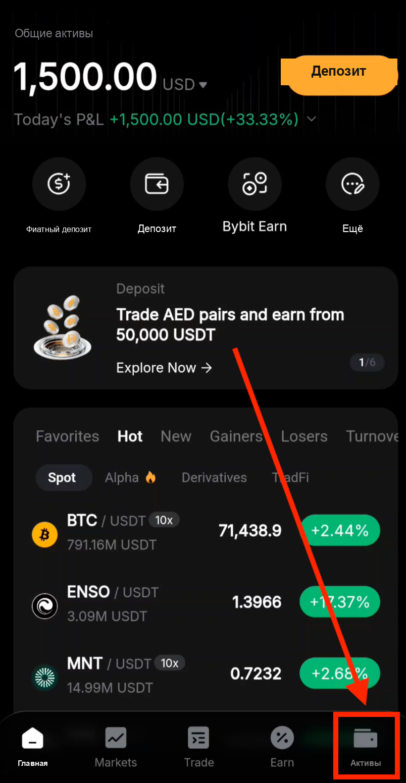 Вкладка Активы в Bybit