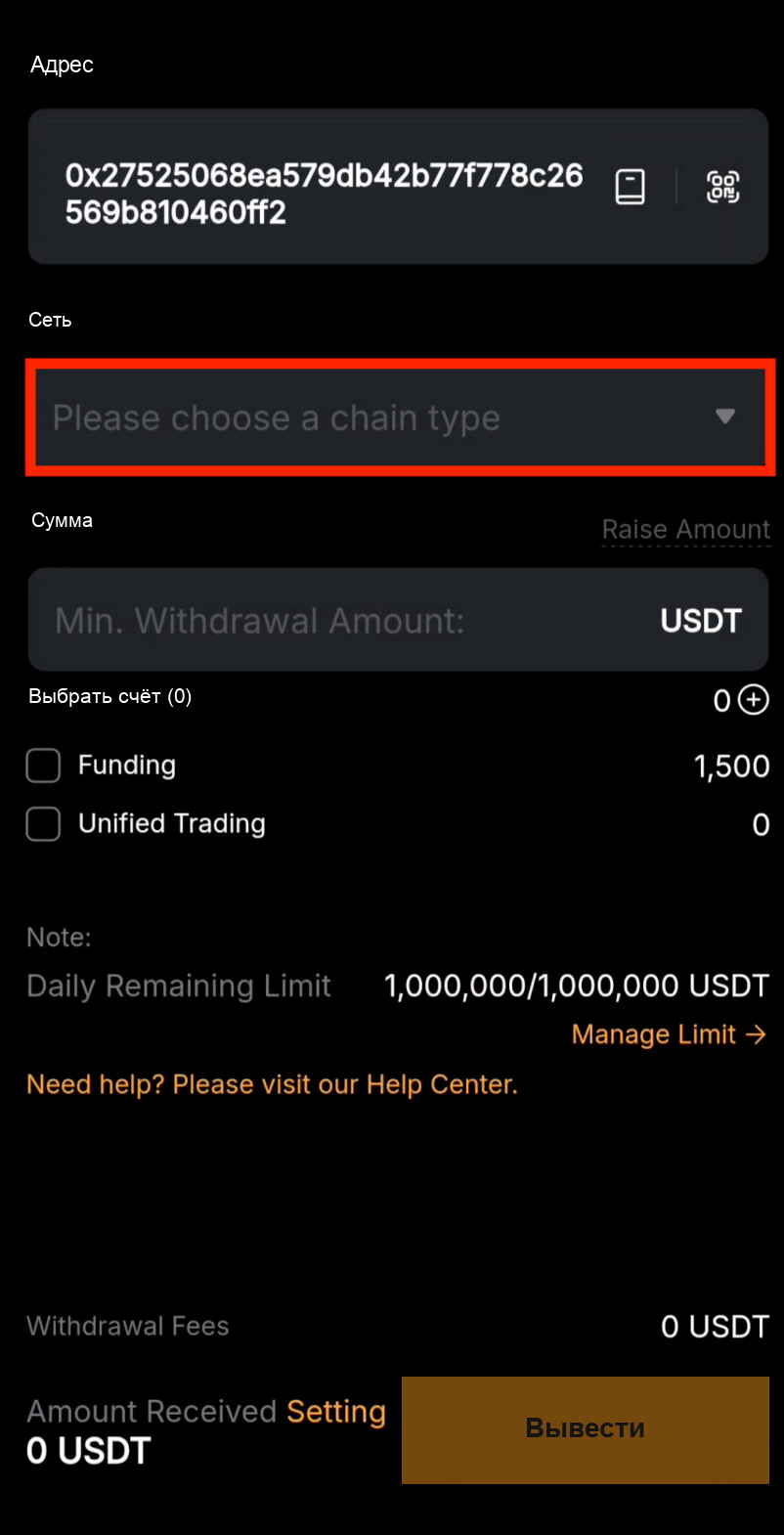 Выбор сети для вывода с Bybit