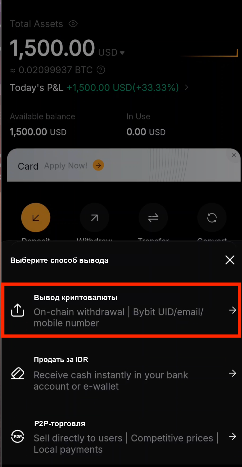Выбор вывода криптовалюты на Bybit