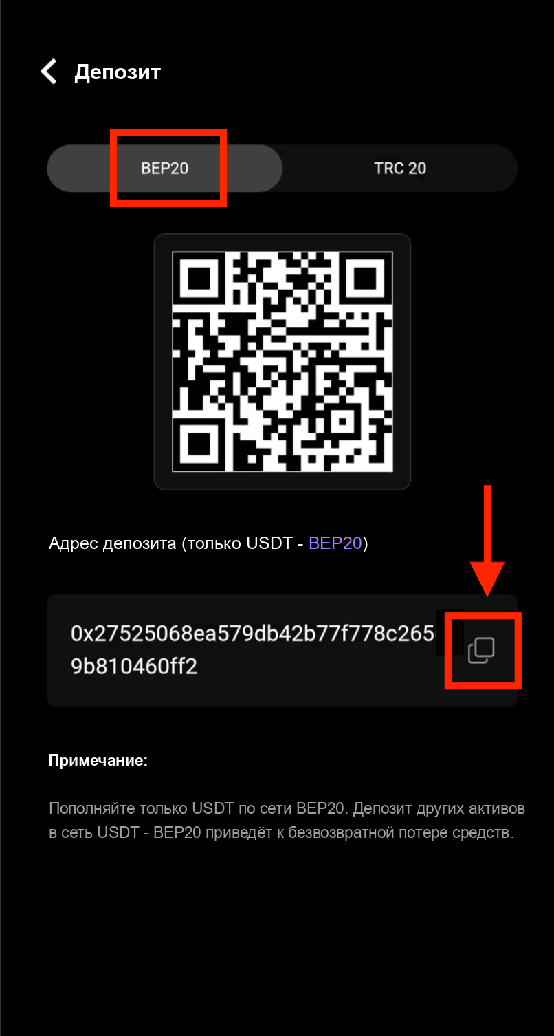 Выбор сети BEP20 и копирование адреса для депозита