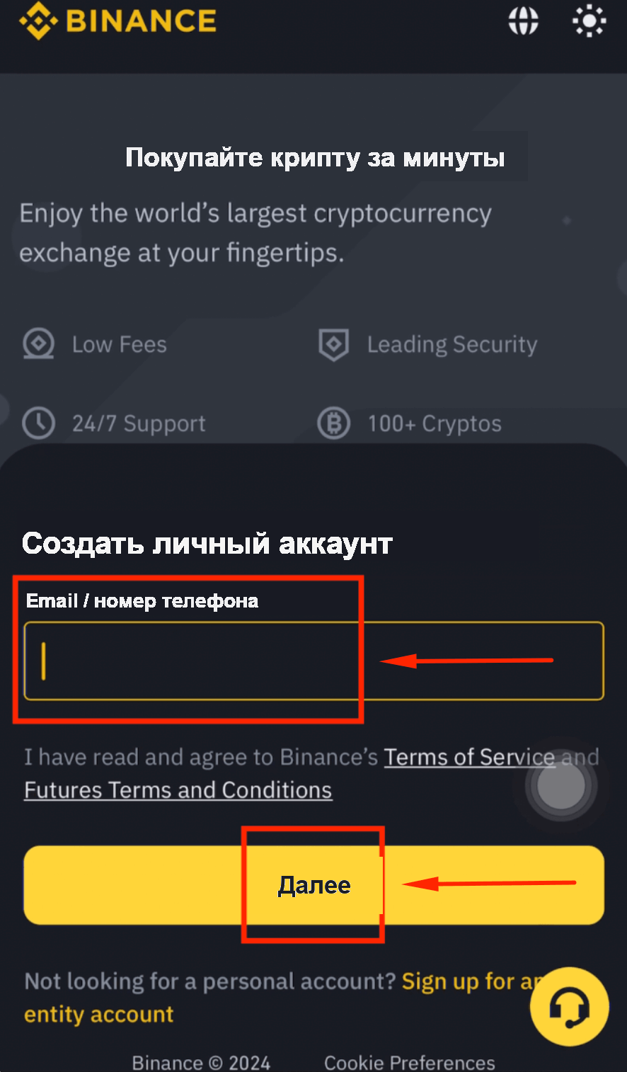 Скриншот регистрации Binance, шаг 2: выбор регистрации по email или телефону