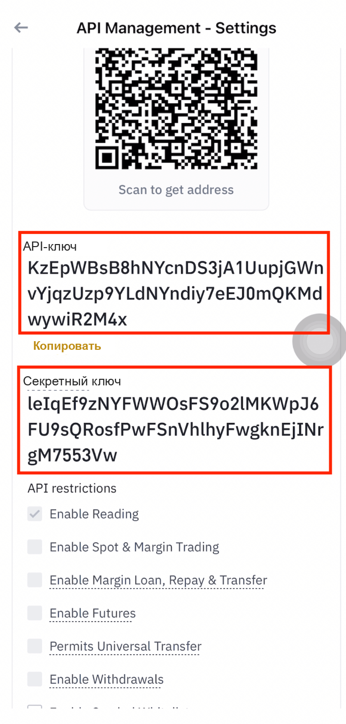Копирование API Key и Secret Key из Binance