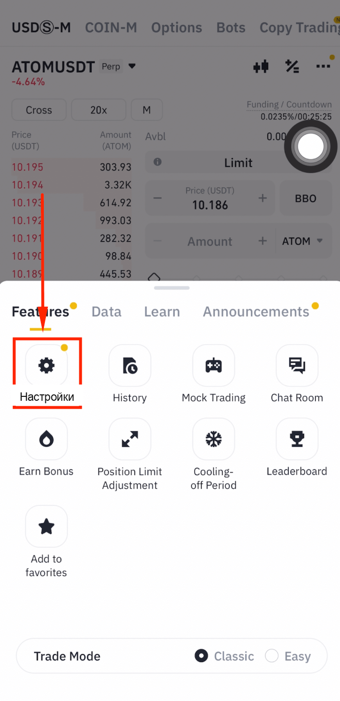 Настройки фьючерсов Binance