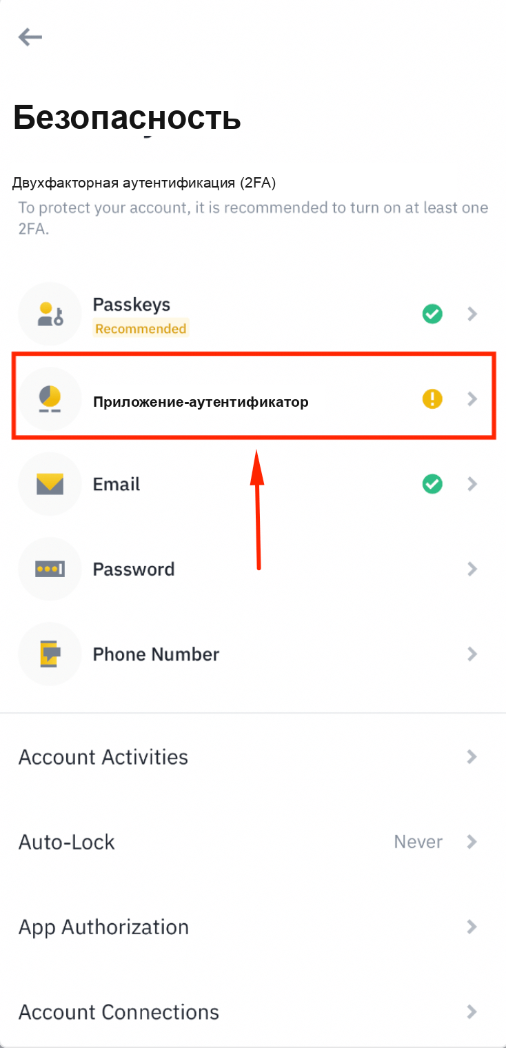 Параметр Authenticator App в Binance