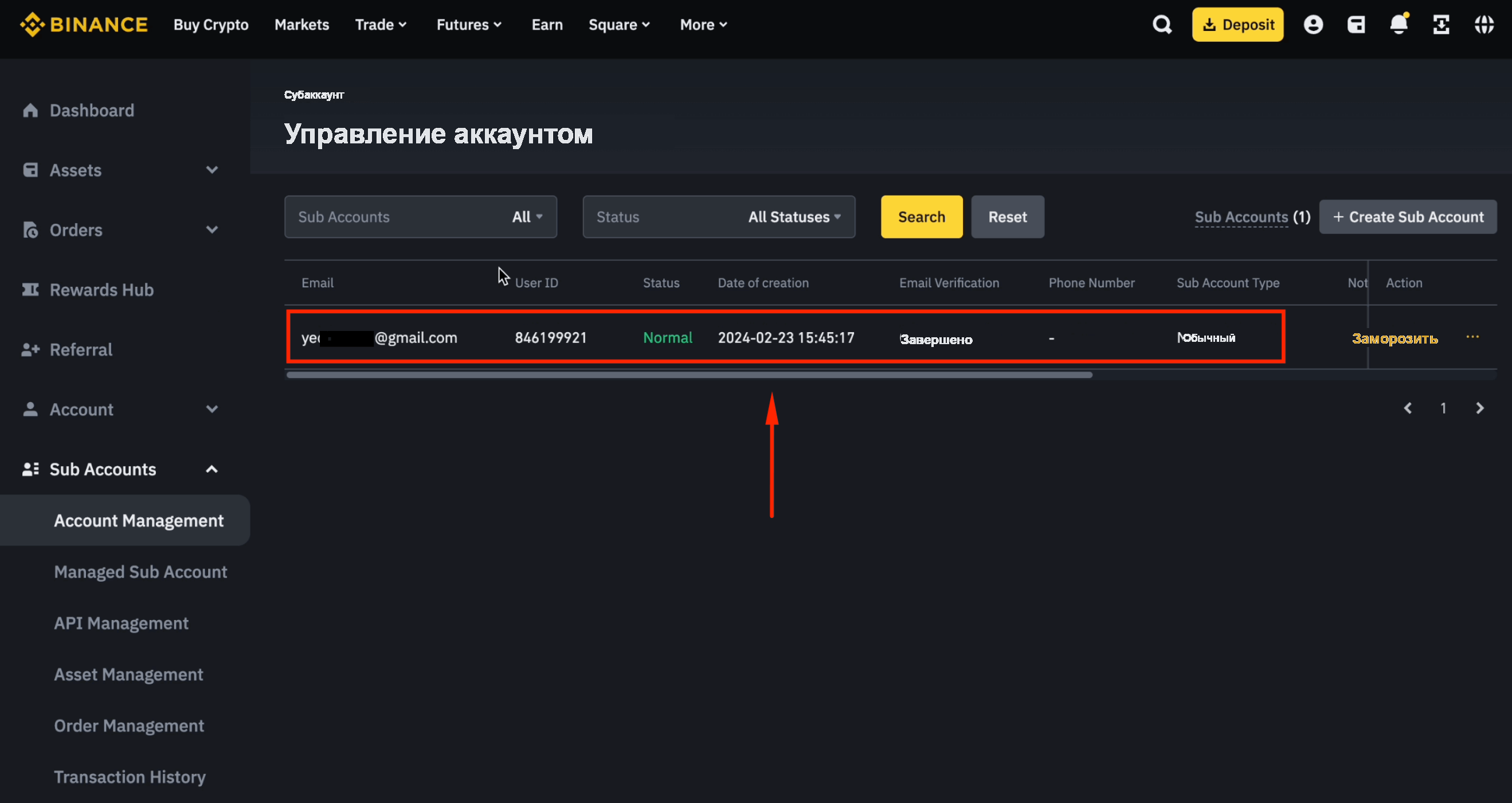 Субаккаунт Binance успешно создан