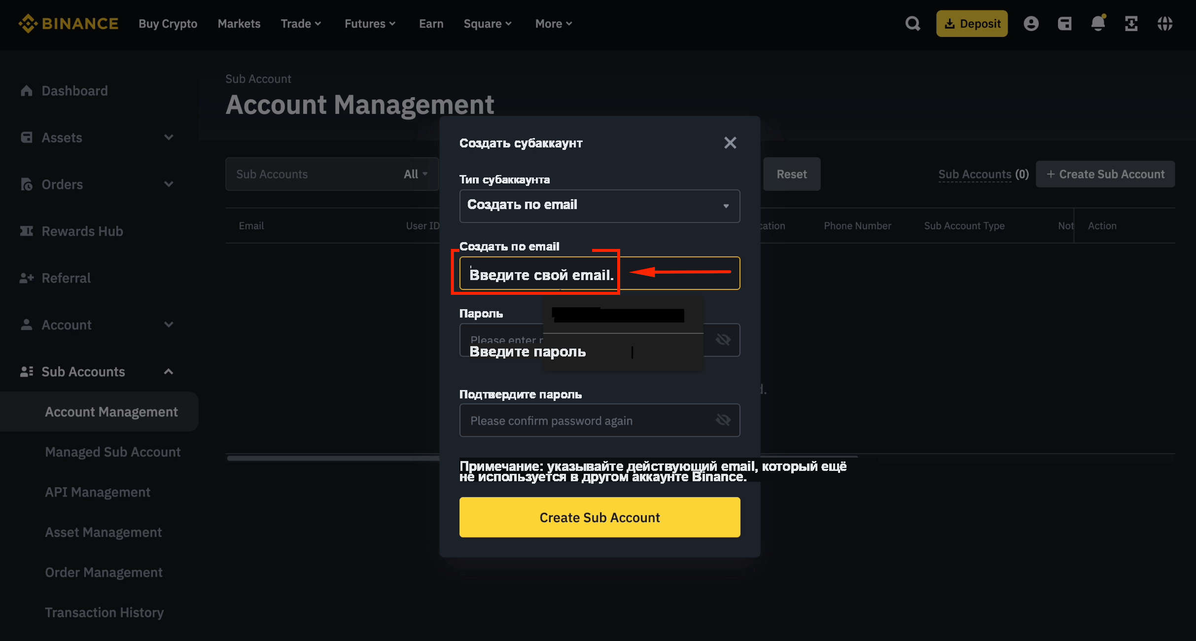 Ввод нового email для субаккаунта Binance