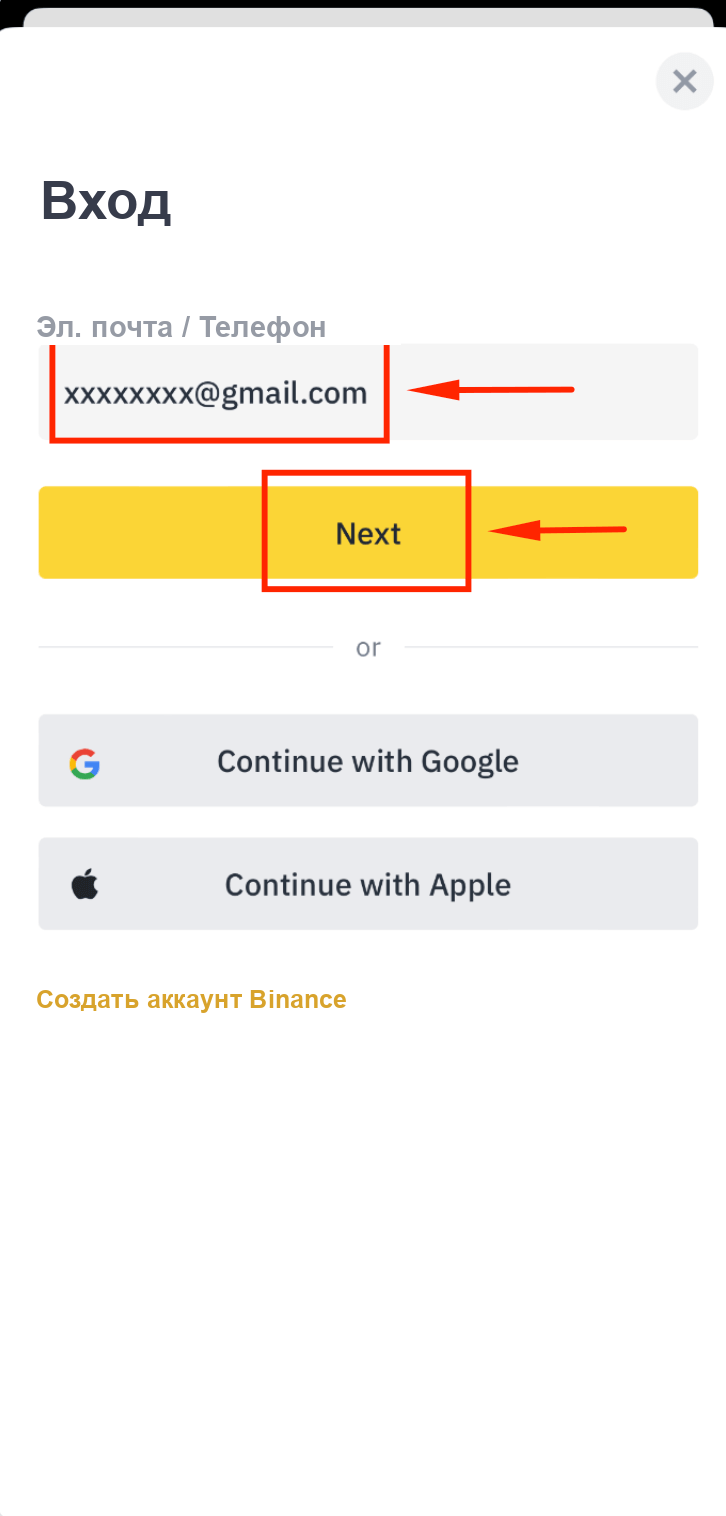 Ввод email субаккаунта в приложении Binance
